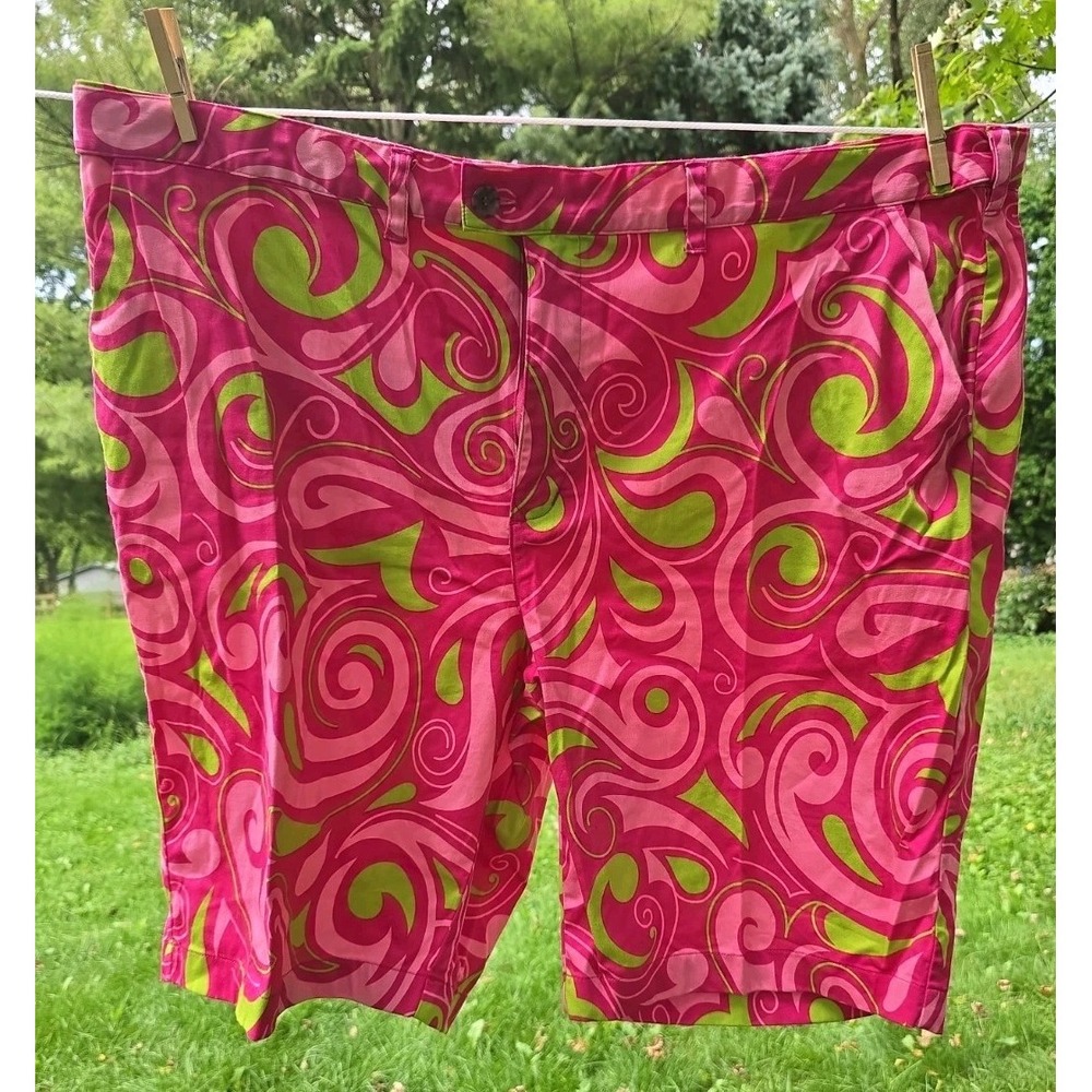 Loudmouth Mens 48 Hot Pink Green Psychedelic Groovy Color Swirl Golf Shorts Fun